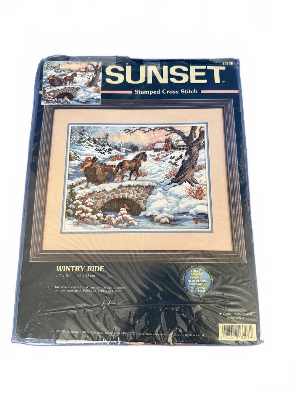 Vintage 1999 Sunset Stamped Cross Stitch Kit "Wintry Ride" #13108 14x10 New